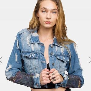 American Bazi Hollywood Cropped Denim Jacket SZ M Blue Punk Distressed Rock Edgy